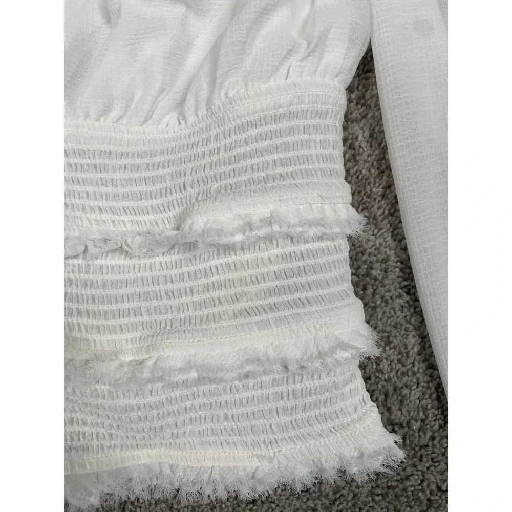 Free People Shirt Womens XS White Lolita Smocked Fringe Milkmaid Sheer Fairy Top